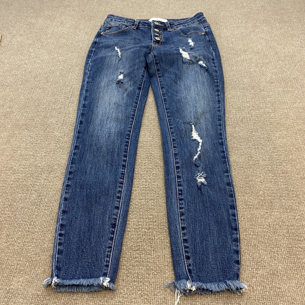 KanCan Straight Jeans Womens 26 Blue Med Wash High Rise Distressed Fringe Denim